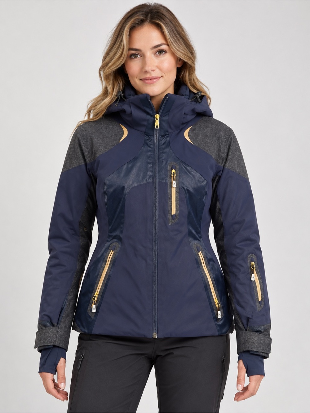 Spyder Women’s Ski Jacket Size 10 Navy Gray Gold Insulated Hooded Winter Coat
